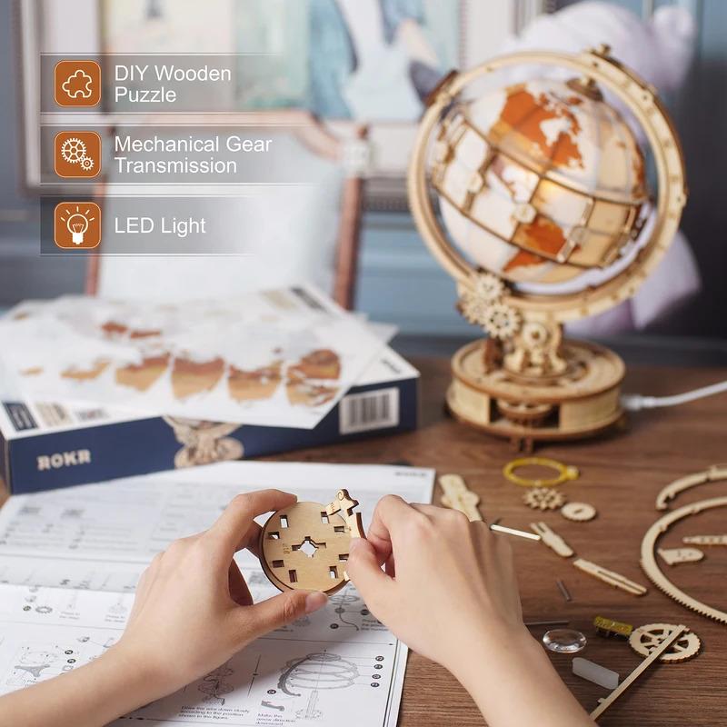 3D Wooden Puzzles for Adults Illuminated Globe with Stand 180pcs 3D Puzzles Built Model Kit Hobby Gifts for Adults