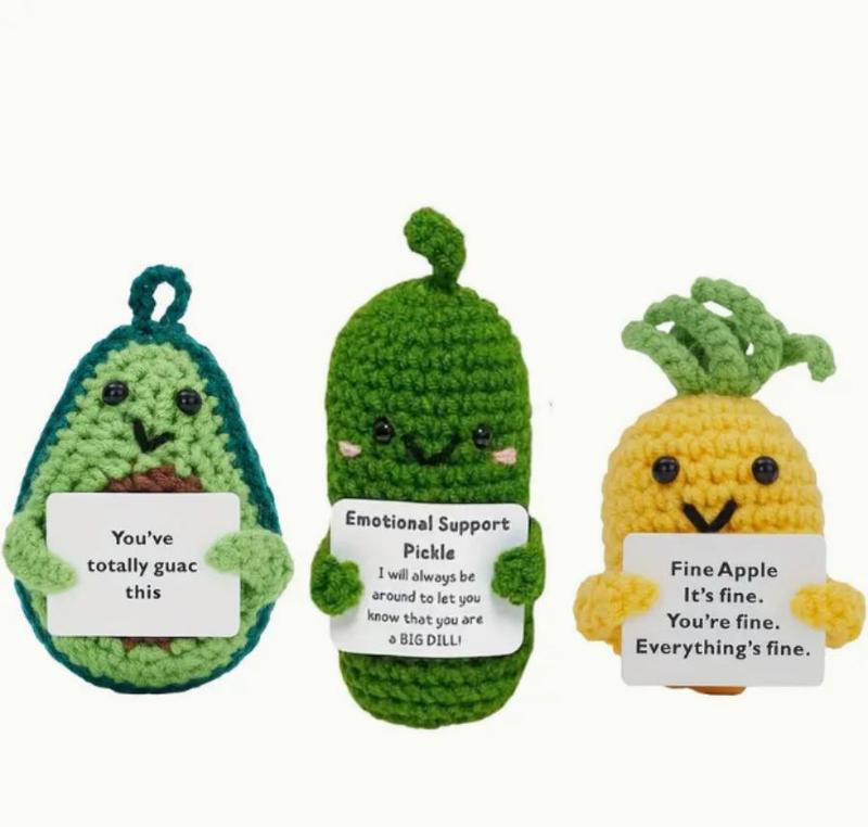 3 Pcs Positive Crochet Emotional Support Potato Pickle , Office & Travel Mini Funny Knitted Wool Toy with Encouraging Messages - Ideal for Home