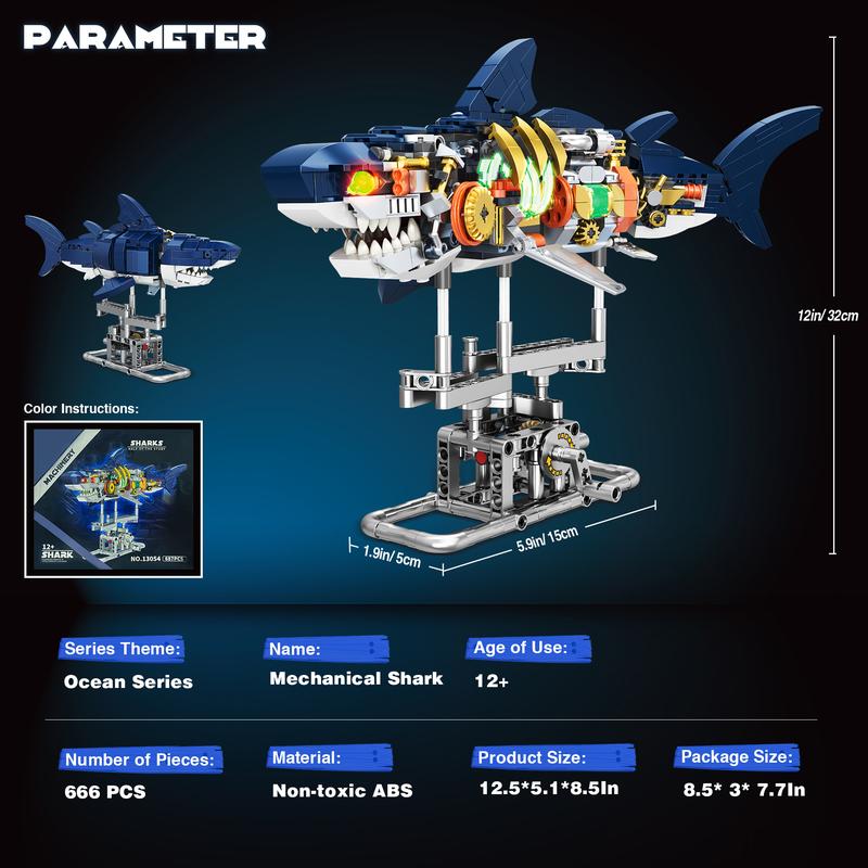 66040,666 Pieces,Shark  Building Block Set,Marine animal toy mechanical shark, with lighting and rotatable link components,Collecting Building crossing the ocean enthusiast toys,Birthday Gift,For aged 12 and above,Stress relief toy