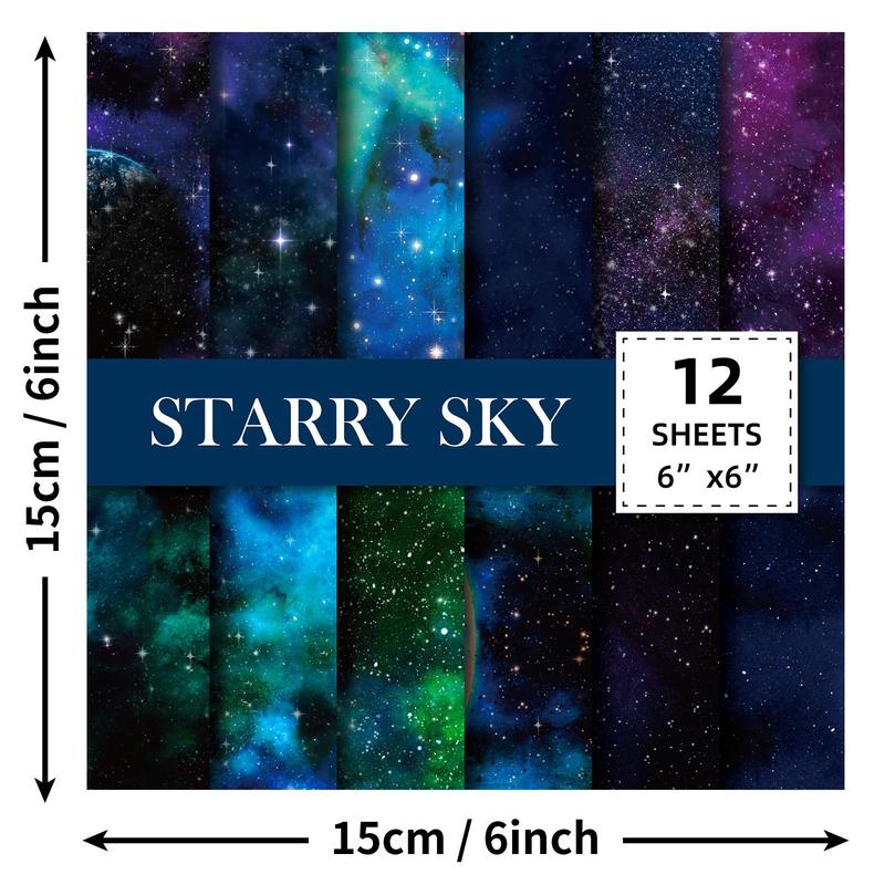 12 Sheets Pack Scrapbook Paper Pad, Watercolor Starry Sky Paper Pack, 12 Styles Sky Craft Paper with One Side Print, Suitable for Scrapbooking DIY Holiday Photo Album Crafts Making