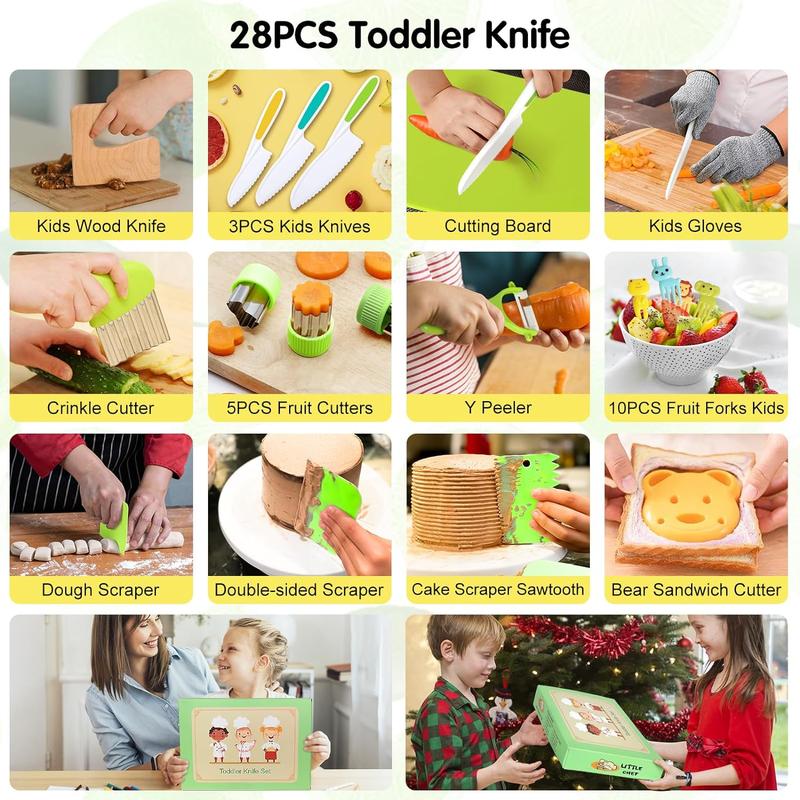 28P Toddler Knife Set - Kids Knifes for Real Cooking, Montessori Kids Kitchen Knife Set with Cutting Board Crinkle Cutters Kid Safe Knives, Toddlers Kitchen Tools for Age 2-10 Year Old Girl Boy