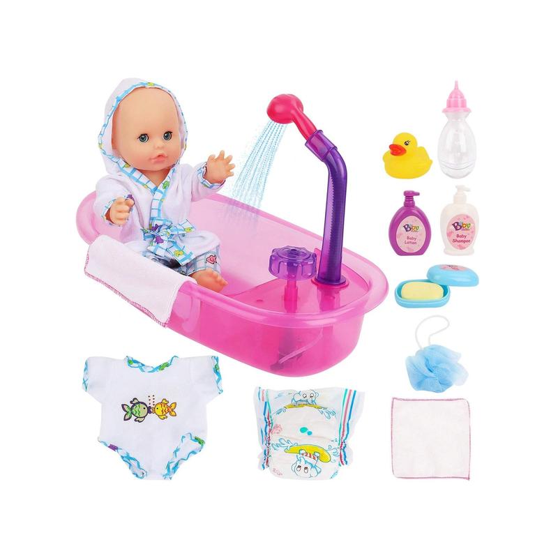 Newborn Baby Doll Bath Set - Real Working Bathtub With Detachable Shower Spray, Toy Gift Set For 3+ Years Old Kids