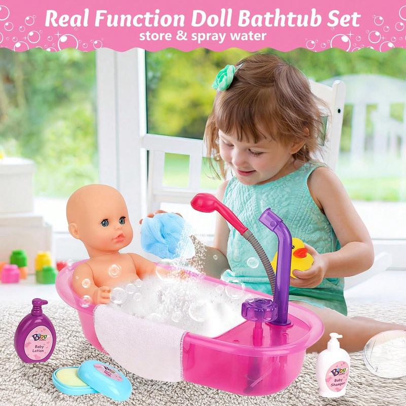 Newborn Baby Doll Bath Set - Real Working Bathtub With Detachable Shower Spray, Toy Gift Set For 3+ Years Old Kids