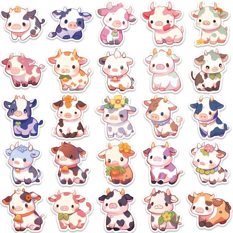 Cute Cartoon Cow Pattern Sticker (50pcs), Waterproof Self Adhesive Decorative Sticker, Room Decor, Decorative Stickers for DIY Scrapbooking, Journaling, Gift Greeting Card Water Bottle Laptop Phone, Fall Decor, Home Decor 2025