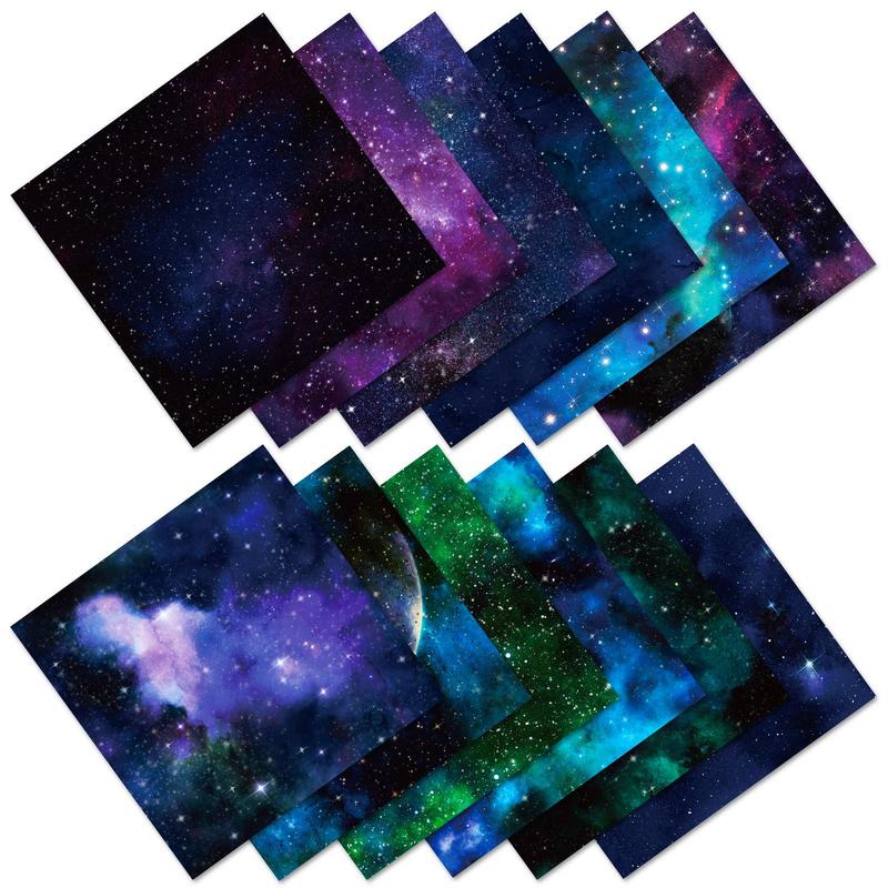 12 Sheets Pack Scrapbook Paper Pad, Watercolor Starry Sky Paper Pack, 12 Styles Sky Craft Paper with One Side Print, Suitable for Scrapbooking DIY Holiday Photo Album Crafts Making