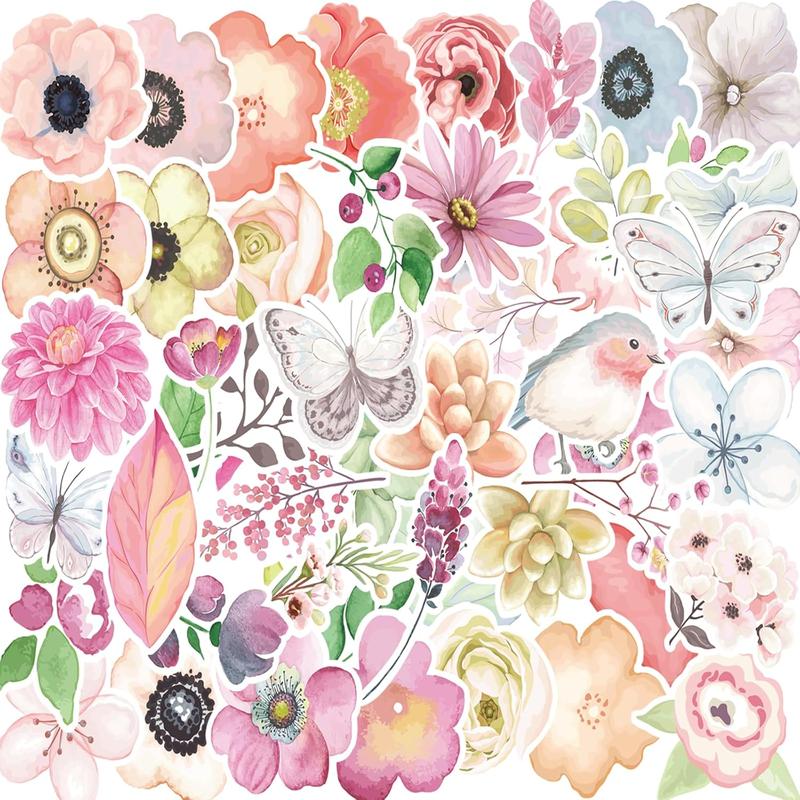 Flower Stickers 50 count, Vinyl  Cute  Floral Stickers for Scrapbook Journal Water Bottles Phone Laptop Computer Envelopes Supplies