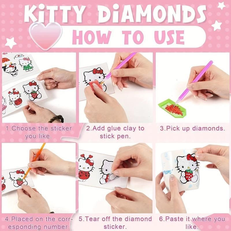 Hello Kitty Pattern Diamond Arts Colorful Painting Sticker, 12pcs set Cartoon Anime Theme Diamond Sticker, DIY Cartoon Sticker for Gift