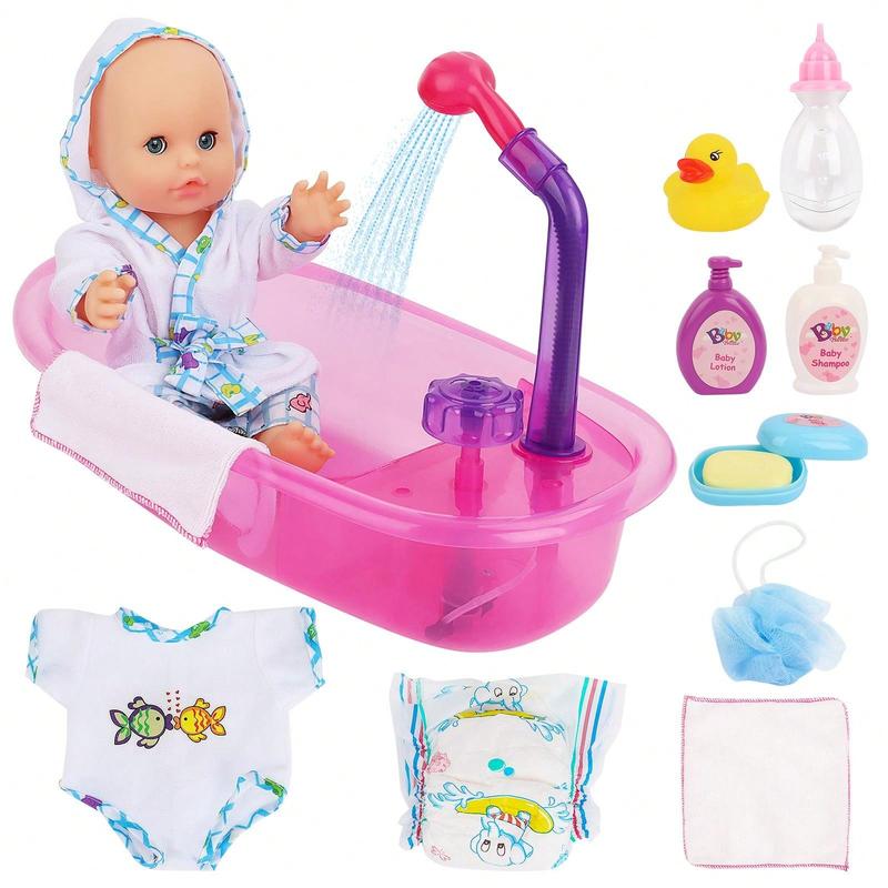 Newborn Baby Doll Bath Set - Real Working Bathtub With Detachable Shower Spray, Toy Gift Set For 3+ Years Old Kids