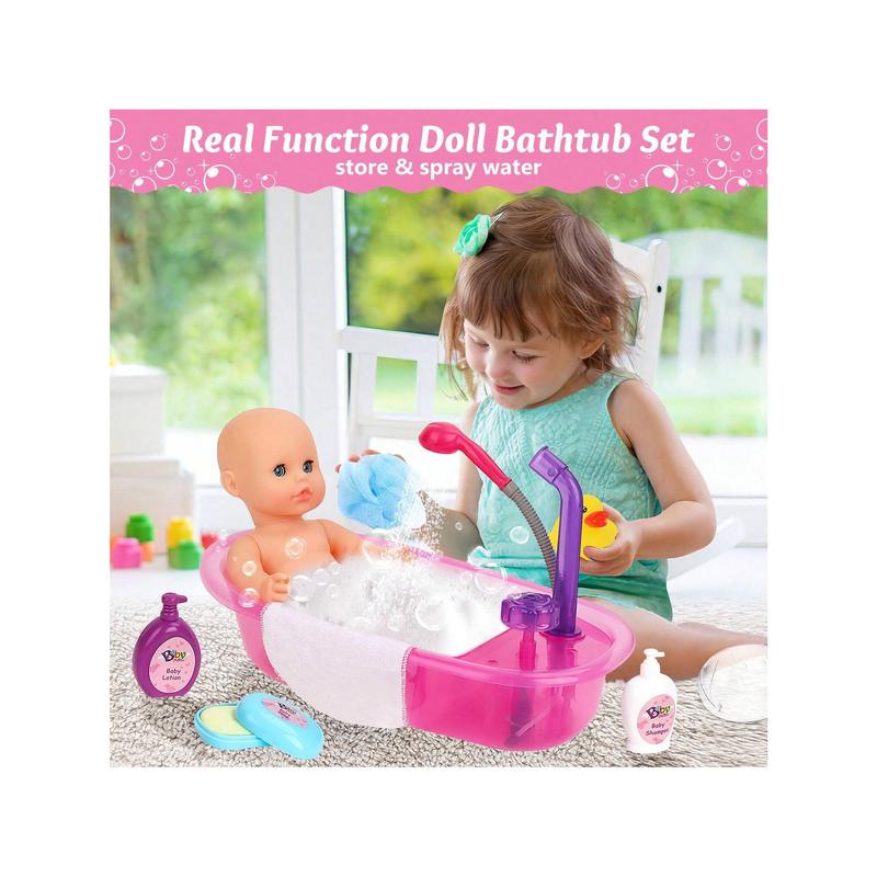 Newborn Baby Doll Bath Set - Real Working Bathtub With Detachable Shower Spray, Toy Gift Set For 3+ Years Old Kids