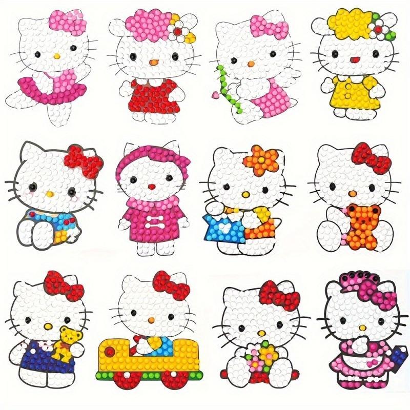 Hello Kitty Pattern Diamond Arts Colorful Painting Sticker, 12pcs set Cartoon Anime Theme Diamond Sticker, DIY Cartoon Sticker for Gift