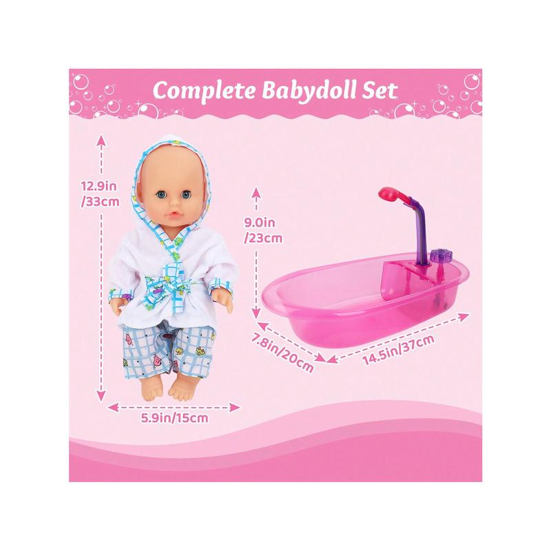 Newborn Baby Doll Bath Set - Real Working Bathtub With Detachable Shower Spray, Toy Gift Set For 3+ Years Old Kids