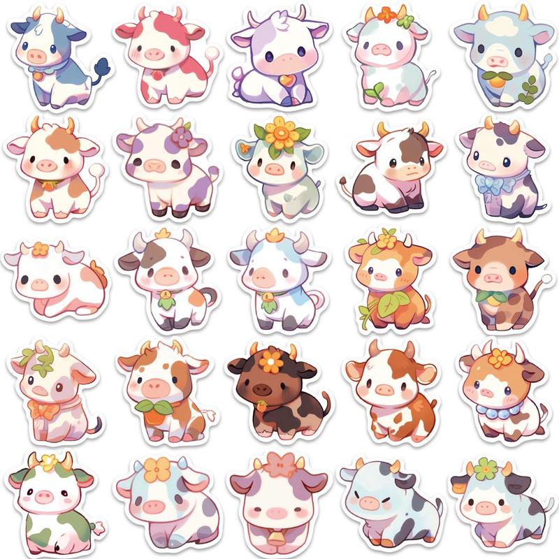 Cute Cartoon Cow Pattern Sticker (50pcs), Waterproof Self Adhesive Decorative Sticker, Room Decor, Decorative Stickers for DIY Scrapbooking, Journaling, Gift Greeting Card Water Bottle Laptop Phone, Fall Decor, Home Decor 2025