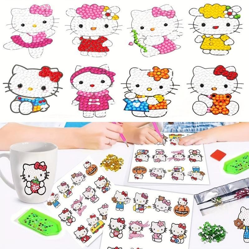 Hello Kitty Pattern Diamond Arts Colorful Painting Sticker, 12pcs set Cartoon Anime Theme Diamond Sticker, DIY Cartoon Sticker for Gift