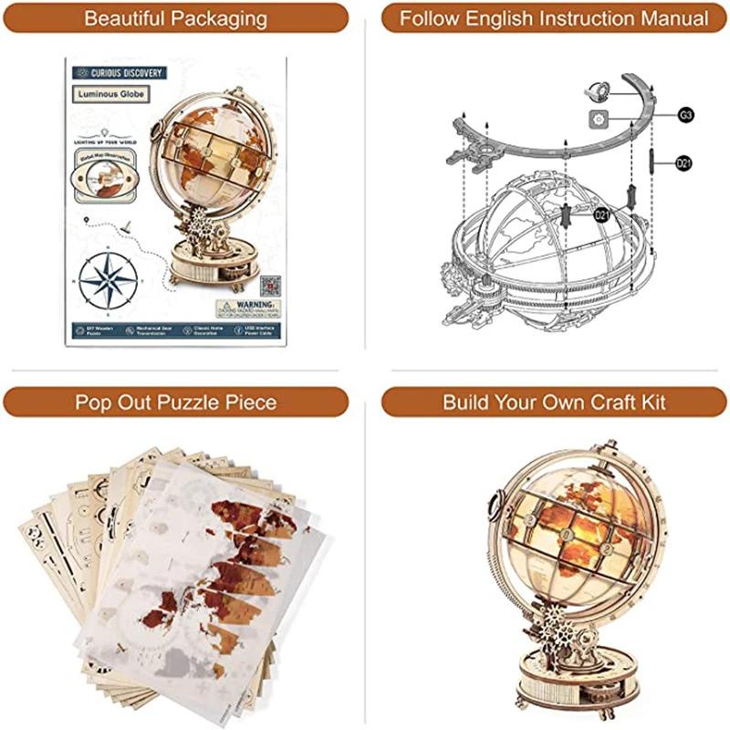 3D Wooden Puzzles for Adults Illuminated Globe with Stand 180pcs 3D Puzzles Built Model Kit Hobby Gifts for Adults