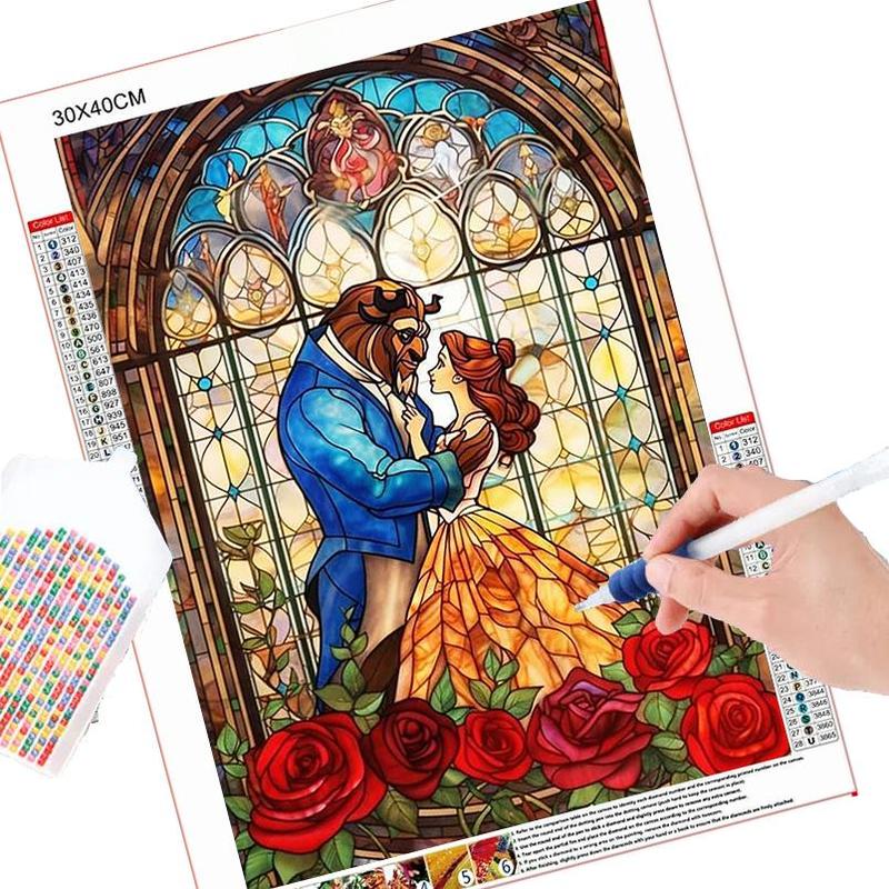 Cartoon Beauty and The Beast Pattern DIY Diamond Arts Colorful Painting Kit without Frame, DIY 5D Diamond Arts Colorful Painting for Home Bedroom Wall Decor