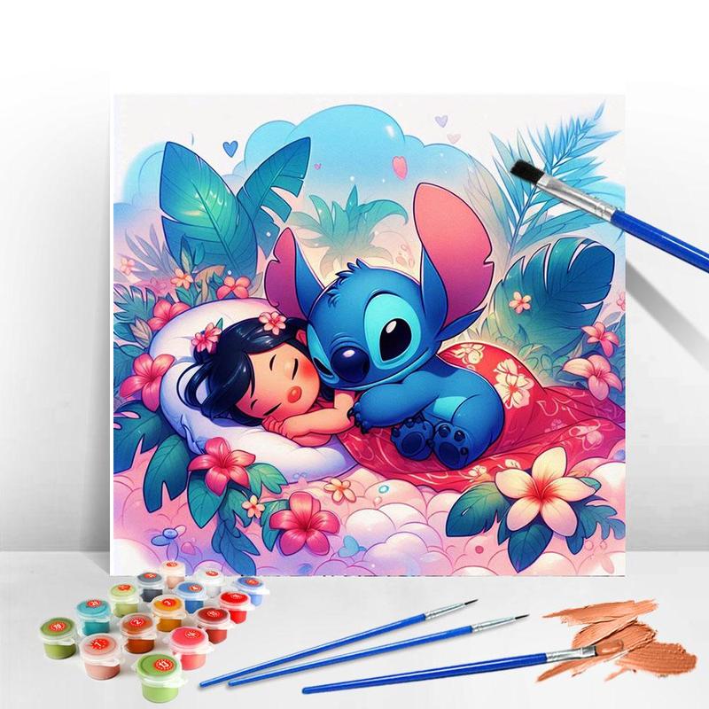 Stitch Acrylic Oil Painting By Numbers Kit, Sleeping Stitch Acrylic Paint Kit, Digital Painting On Canvas, Cartoon Flower Room Decor, DIY Gift