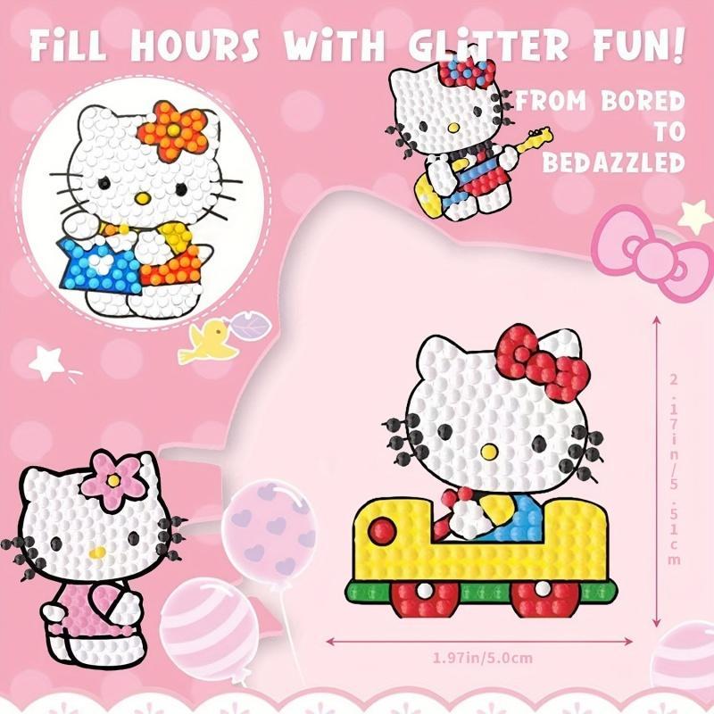 Hello Kitty Pattern Diamond Arts Colorful Painting Sticker, 12pcs set Cartoon Anime Theme Diamond Sticker, DIY Cartoon Sticker for Gift