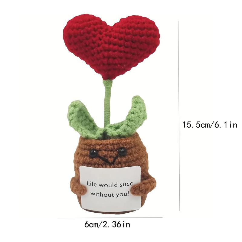 Handmade Mini Funny Crochet, 1 Count Cute Cartoon Plant & Heart Design Crochet with Positive Card, Home Decor for Living Room & Bedroom