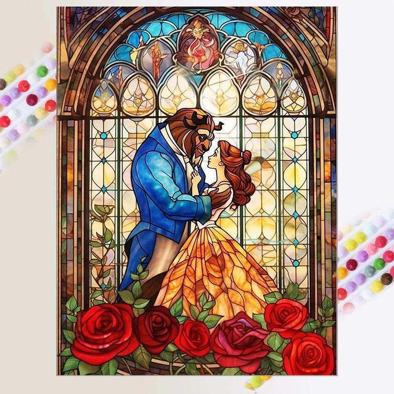 Cartoon Beauty and The Beast Pattern DIY Diamond Arts Colorful Painting Kit without Frame, DIY 5D Diamond Arts Colorful Painting for Home Bedroom Wall Decor