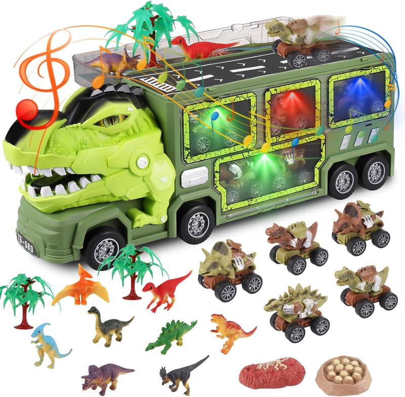 21 in 1 Dinosaur Truck Toys for 3 4 5 6 7 Year Old Boys Girls - T-Rex Transport Car Carrier Truck with 5 Pull Back Dinosaur Cars and 9 Dino Figures, Kids Birthday Christmas Toy Gift w Light & Music