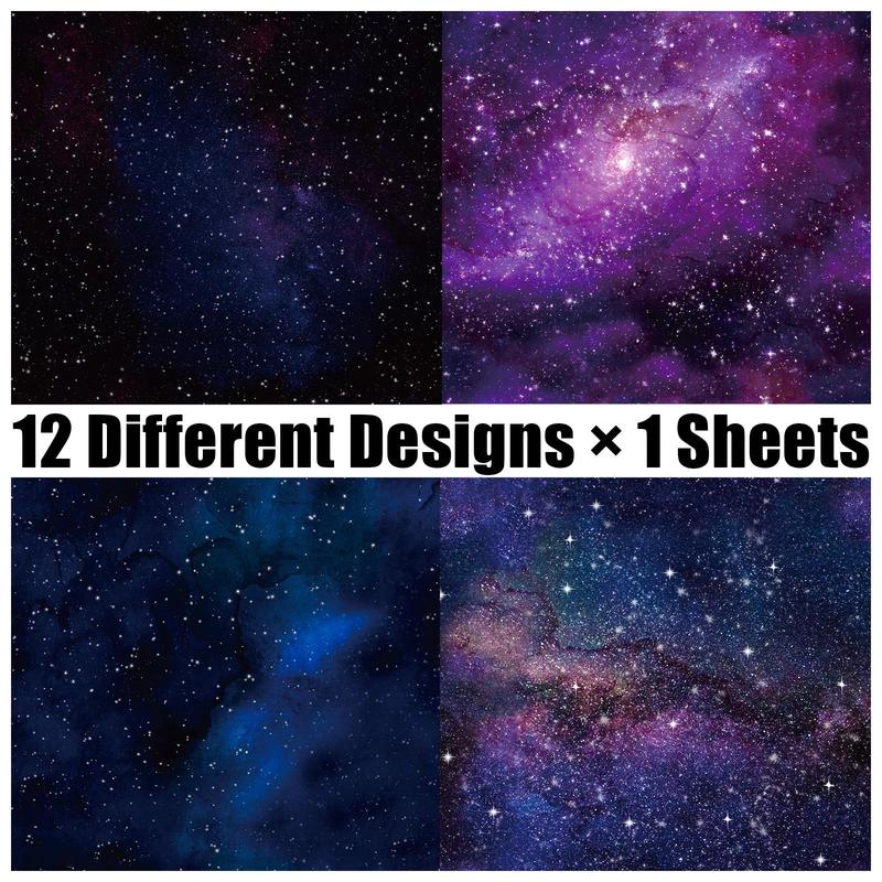 12 Sheets Pack Scrapbook Paper Pad, Watercolor Starry Sky Paper Pack, 12 Styles Sky Craft Paper with One Side Print, Suitable for Scrapbooking DIY Holiday Photo Album Crafts Making