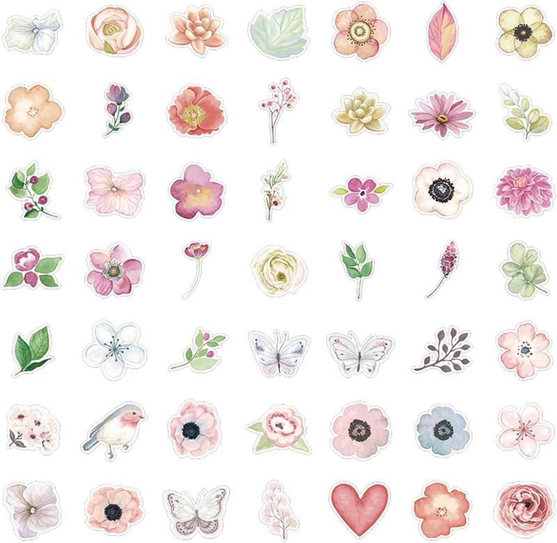 Flower Stickers 50 count, Vinyl  Cute  Floral Stickers for Scrapbook Journal Water Bottles Phone Laptop Computer Envelopes Supplies