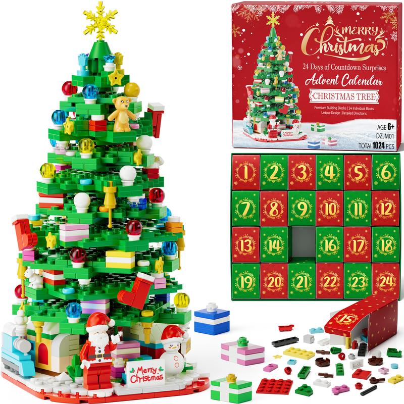 Advent Calendar 2024 , 24 Days Surprise Christmas Tree 3D Puzzles Blocks Christmas Countdown Calendar Gift Box with 1024 PCS Xmas 3D Puzzle Bricks Toy Decor for Boys Girls Women Men