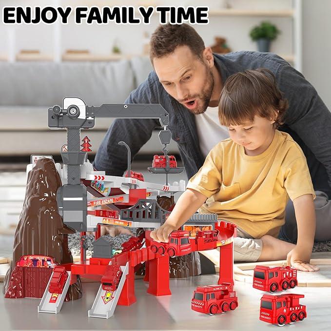 New Fire Truck Toy Set with Race Track Car and Construction Vehicles - Adventure Toys and Games Vehicle Playsets for Kids - Christmas Gift Set