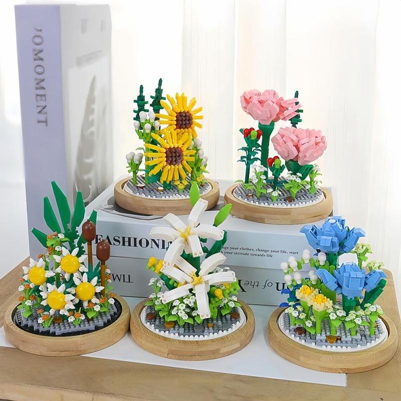 DIY Mini Building Block Flower Bouquets with Transparent Display Cover, 1 Box Indoor Decoration, Building Bricks Bouquet Flowers Gift, Creative Desktop Ornament