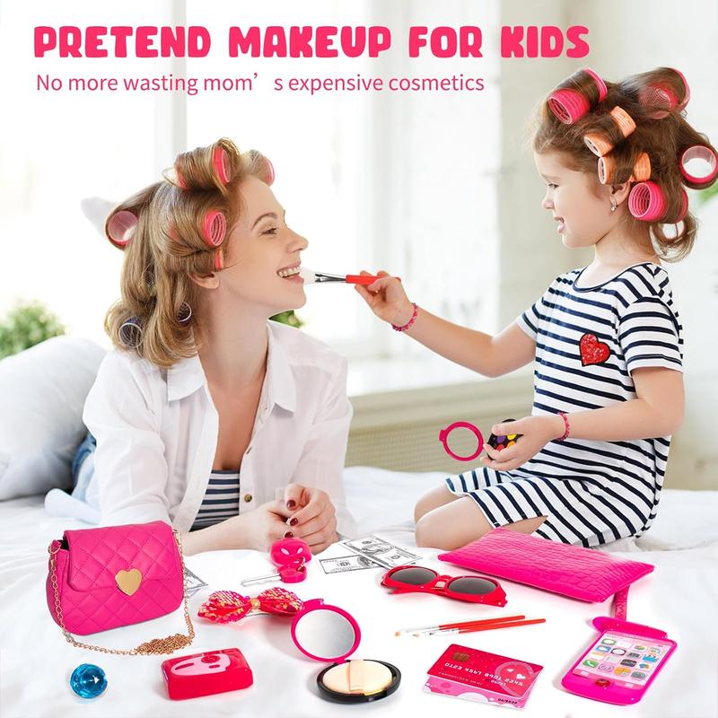 Christmas gift  Little Girls Play Purse with Pretend Makeup Kit for Toddlers, Princess Pretend Play Girls Toys, Kids Play Purse Set with Phone Camera Wallet Sunglasses Car Keys Pretend Toys for Girls Age 3+