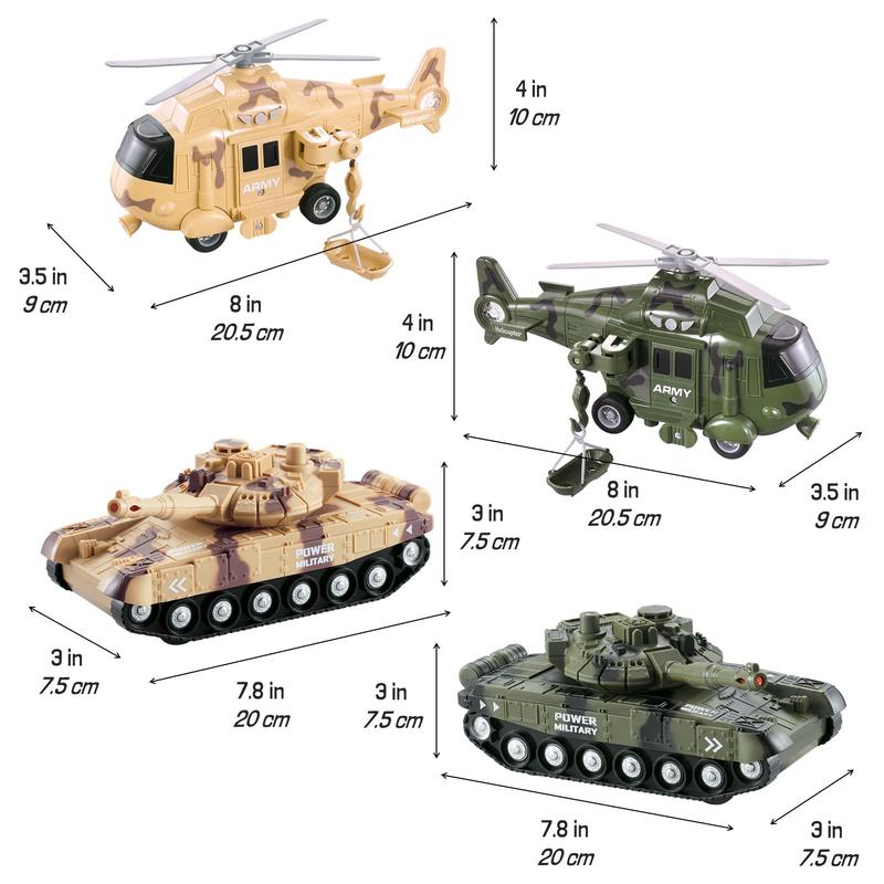 Vokodo 5 Pack Armed Forces Vehicle Bundle Toy Playsets, Friction Power Vehicles Includes Army Helicopter, Military Tank And Army Figurines Military Car, Army Truck Pretend Play Toys Toddler Kids Boys