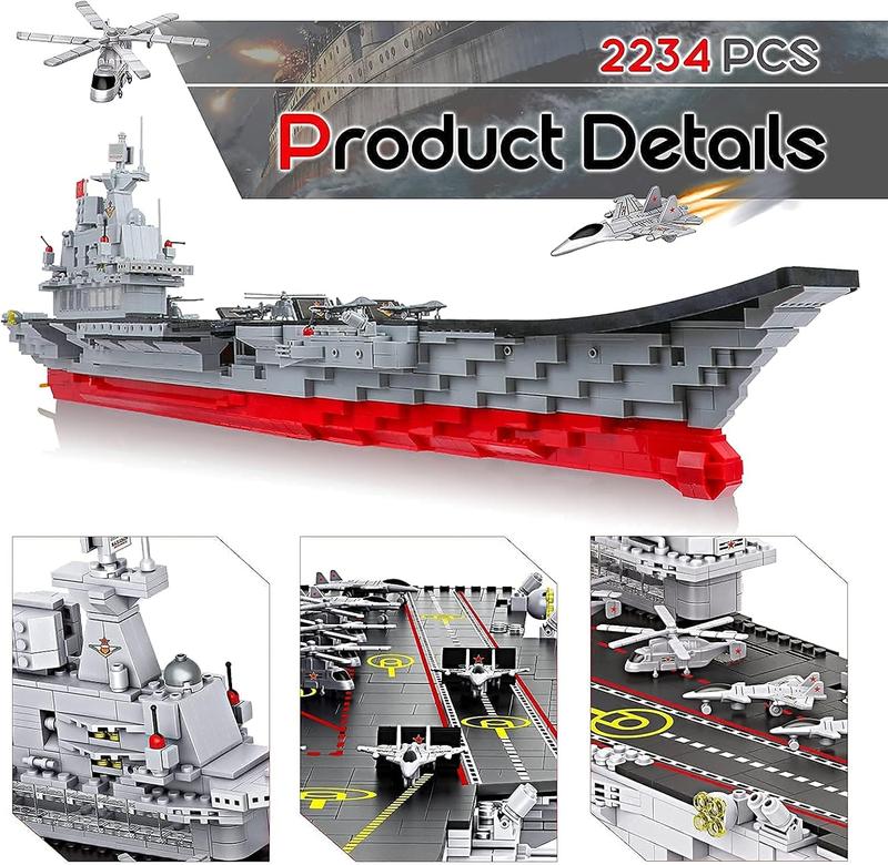 2234-Piece Aircraft Carrier Building Blocks with Storage Box - Stress-Relief Large Military Warship Battleship Construction Toy for Adults and Kids Ages 14+