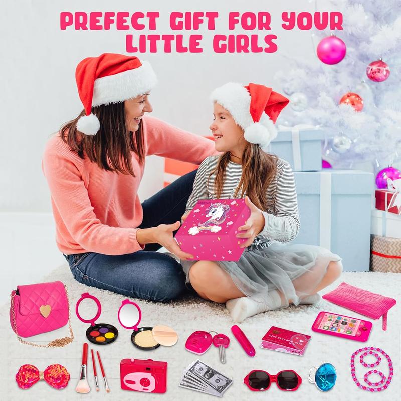 Christmas gift  Little Girls Play Purse with Pretend Makeup Kit for Toddlers, Princess Pretend Play Girls Toys, Kids Play Purse Set with Phone Camera Wallet Sunglasses Car Keys Pretend Toys for Girls Age 3+