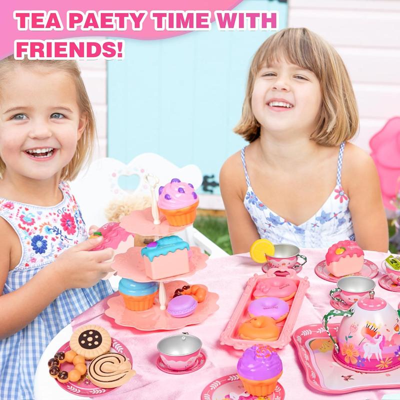 christmas gift Tea Party Set for Little Girls, 43Pcs Princess Tea Time Toy with Dessert,Cookies,Doughnut,Tablecloth,Gloves & Carrying Case,Kids Kitchen Playset Birthday Gift Toys for Girls Boys Age 3-8