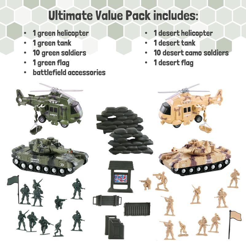 Vokodo 5 Pack Armed Forces Vehicle Bundle Toy Playsets, Friction Power Vehicles Includes Army Helicopter, Military Tank And Army Figurines Military Car, Army Truck Pretend Play Toys Toddler Kids Boys