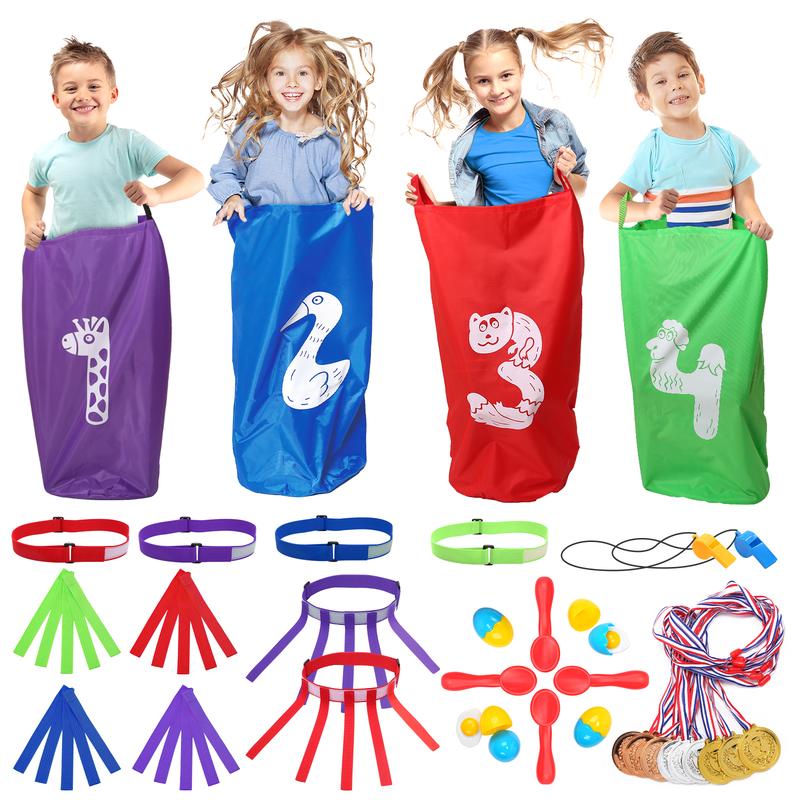 Skirfy 47PCS Carnival 4th of July Games Potato Sack Race Bags for Adult, Egg Spoon Race Game, 3-Legged Race Bands Outdoor Birthday Party Games for Family Lawn Yard Field Day Games