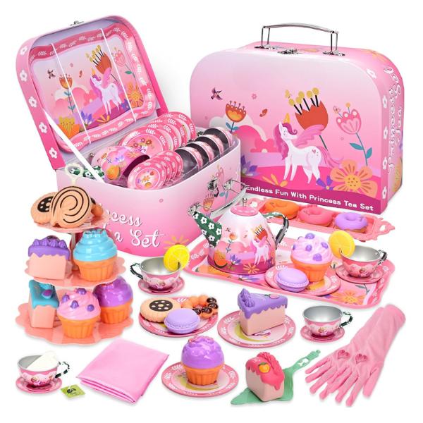 christmas gift Tea Party Set for Little Girls, 43Pcs Princess Tea Time Toy with Dessert,Cookies,Doughnut,Tablecloth,Gloves & Carrying Case,Kids Kitchen Playset Birthday Gift Toys for Girls Boys Age 3-8