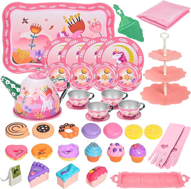 christmas gift Tea Party Set for Little Girls, 43Pcs Princess Tea Time Toy with Dessert,Cookies,Doughnut,Tablecloth,Gloves & Carrying Case,Kids Kitchen Playset Birthday Gift Toys for Girls Boys Age 3-8