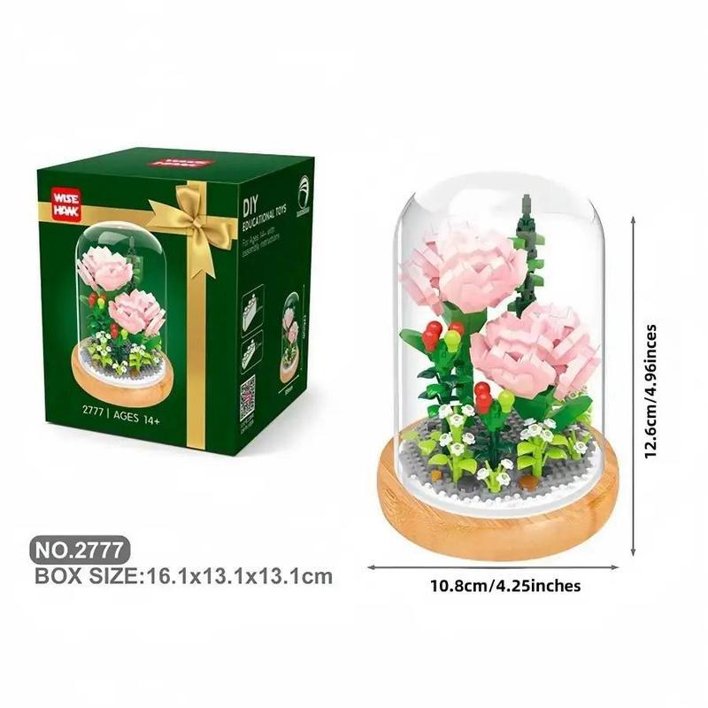 DIY Mini Building Block Flower Bouquets with Transparent Display Cover, 1 Box Indoor Decoration, Building Bricks Bouquet Flowers Gift, Creative Desktop Ornament