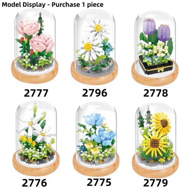 DIY Mini Building Block Flower Bouquets with Transparent Display Cover, 1 Box Indoor Decoration, Building Bricks Bouquet Flowers Gift, Creative Desktop Ornament