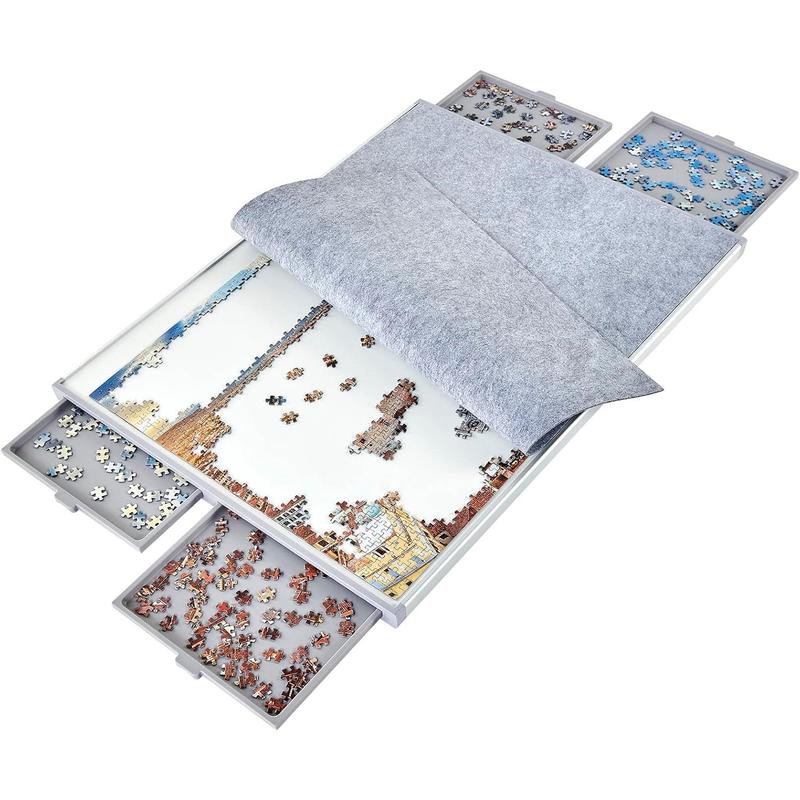 1500 count Non-Wood Jigsaw Puzzle Board with Drawers and Felt Fabric Cover Mat, Portable Puzzle Table for Adults, Puzzle Tray, Large Size: 35x26 Inch Work Surface, Lightweight Design, Gray