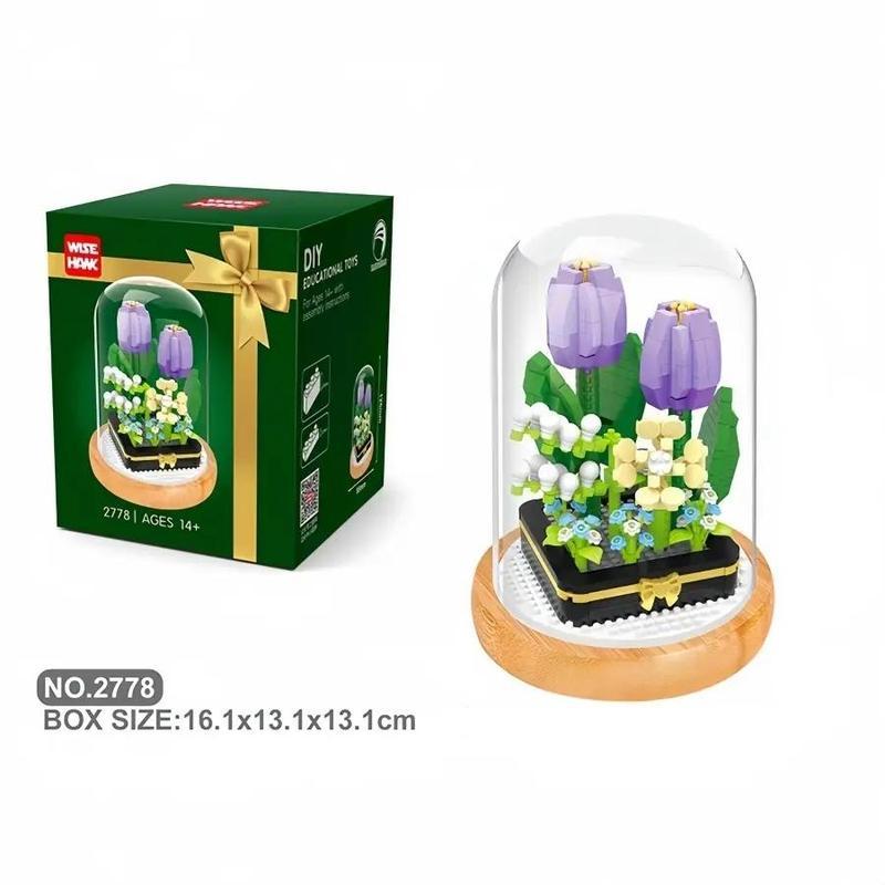 DIY Mini Building Block Flower Bouquets with Transparent Display Cover, 1 Box Indoor Decoration, Building Bricks Bouquet Flowers Gift, Creative Desktop Ornament