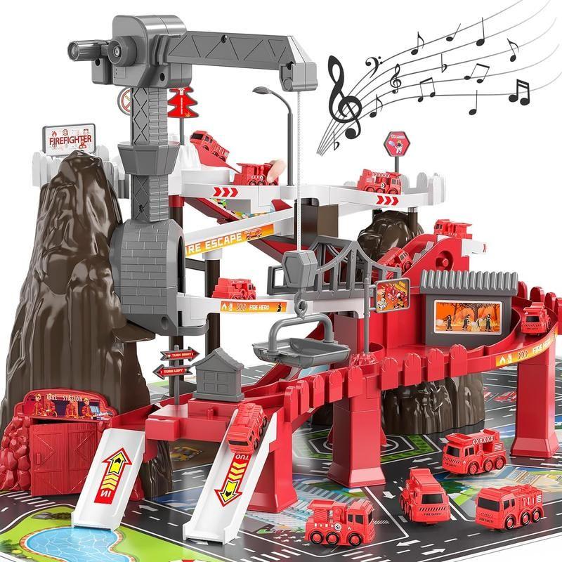 New Fire Truck Toy Set with Race Track Car and Construction Vehicles - Adventure Toys and Games Vehicle Playsets for Kids - Christmas Gift Set