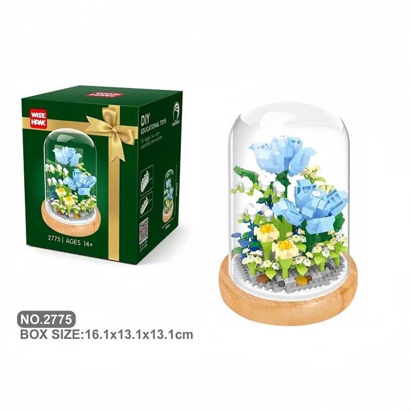 DIY Mini Building Block Flower Bouquets with Transparent Display Cover, 1 Box Indoor Decoration, Building Bricks Bouquet Flowers Gift, Creative Desktop Ornament