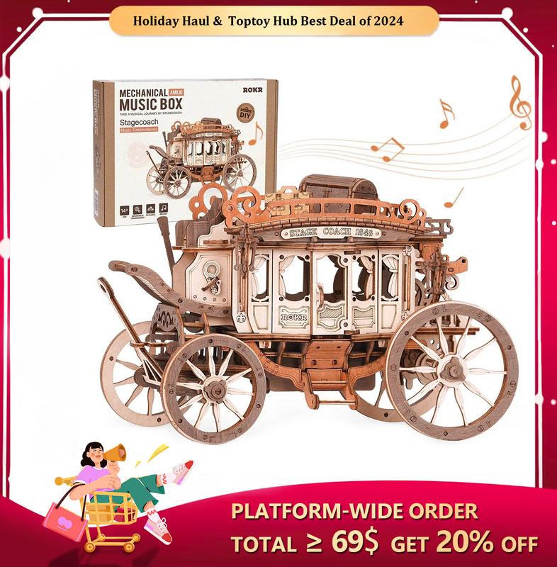 Robotime Rokr Stagecoach Music Box 3D Wooden Puzzle for Birthday Anniversary  Gift Hobby STEM Kits Model Easy to Build Birthday Gifts Christmas Gifts Halloween Gifts