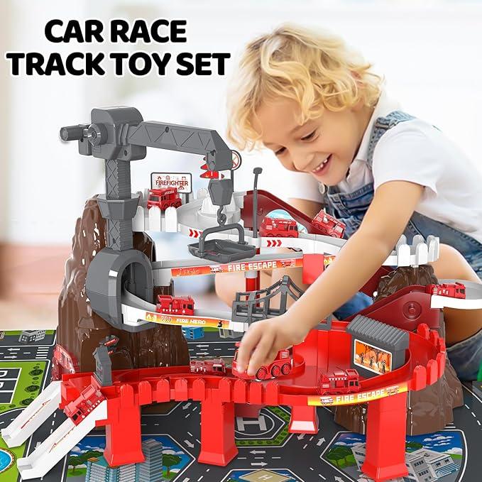 New Fire Truck Toy Set with Race Track Car and Construction Vehicles - Adventure Toys and Games Vehicle Playsets for Kids - Christmas Gift Set