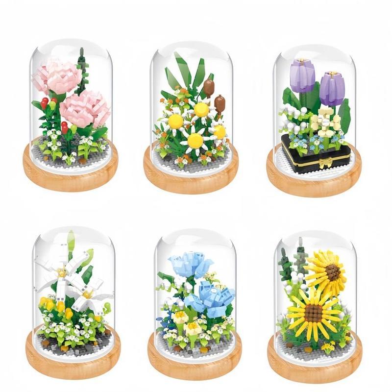 DIY Mini Building Block Flower Bouquets with Transparent Display Cover, 1 Box Indoor Decoration, Building Bricks Bouquet Flowers Gift, Creative Desktop Ornament