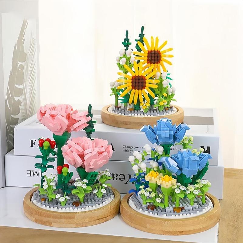 DIY Mini Building Block Flower Bouquets with Transparent Display Cover, 1 Box Indoor Decoration, Building Bricks Bouquet Flowers Gift, Creative Desktop Ornament