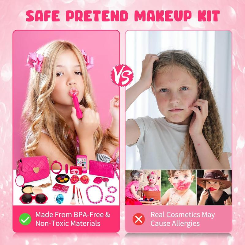 Christmas gift  Little Girls Play Purse with Pretend Makeup Kit for Toddlers, Princess Pretend Play Girls Toys, Kids Play Purse Set with Phone Camera Wallet Sunglasses Car Keys Pretend Toys for Girls Age 3+