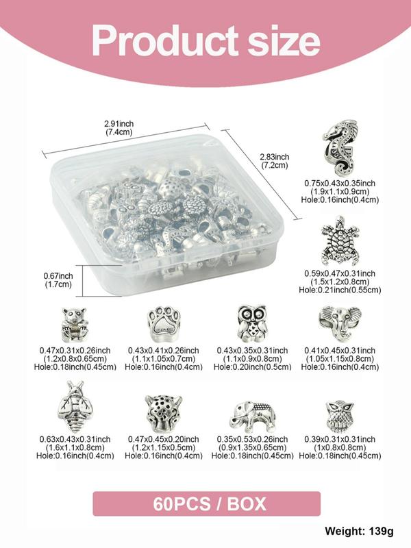 Mixed Shape Animal Design Alloy Beads (60pcs box), Large Hole Bead for DIY Necklace Bracelet Earrings, Fashionable Accessories for DIY Jewelry Making